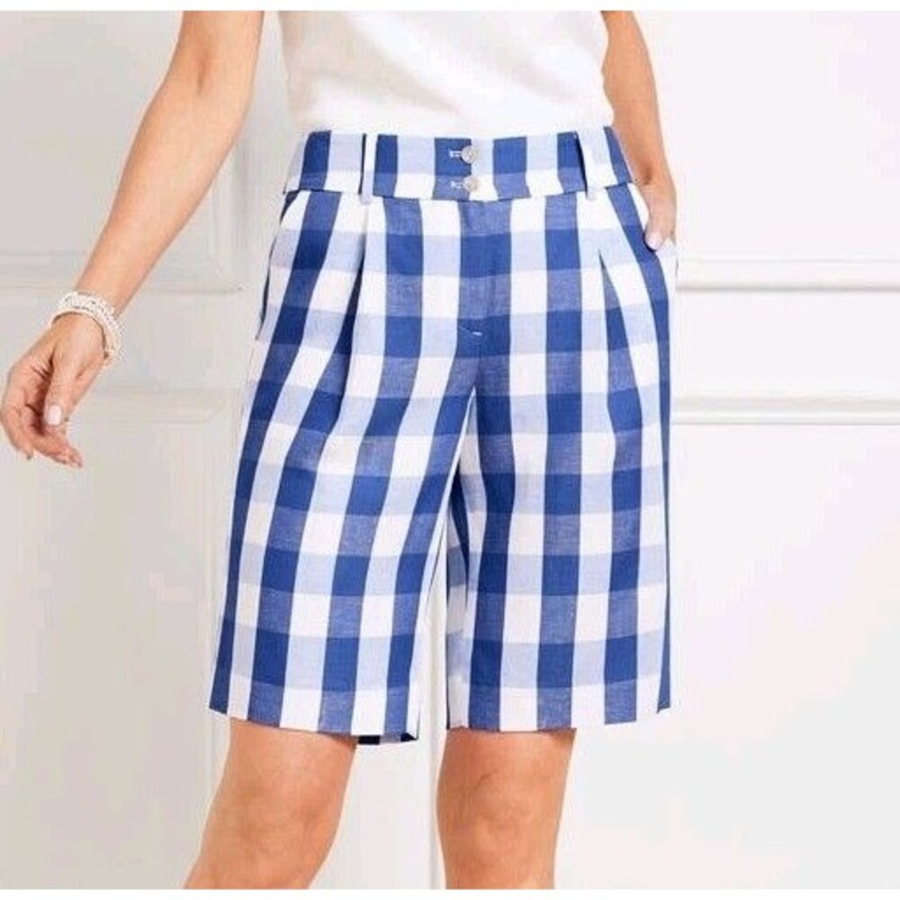 Talbots Gingham Check Linen Blend Pleated High Rise Shorts - Petite 12
